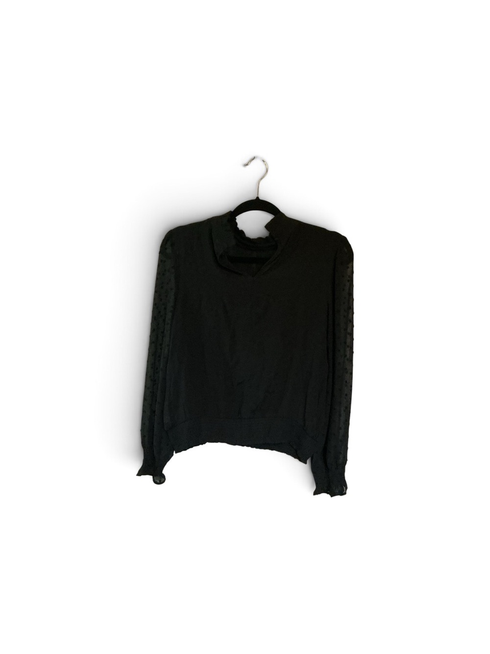 Black Cowl-Neck Women's Sweater with Sheer Dot Sleeves
